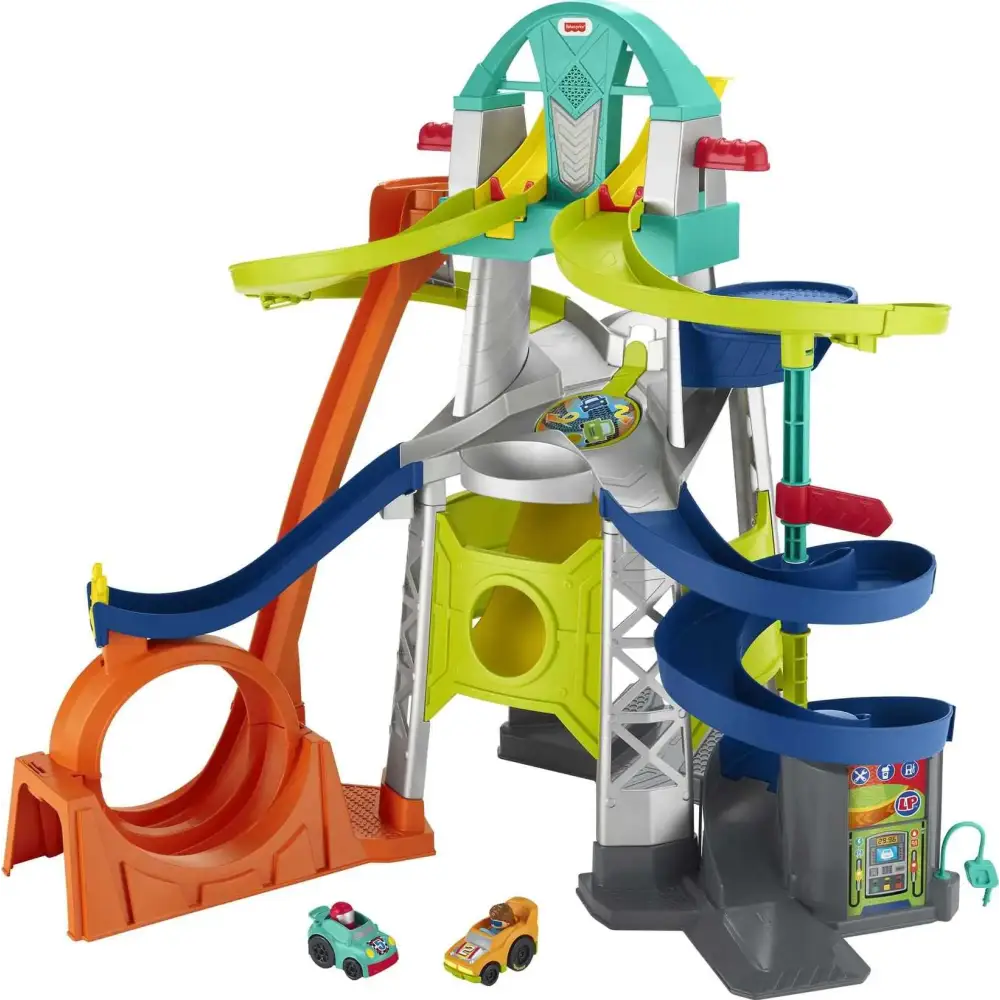 Fisher-Price Little People Toddler Toy Launch & Loop Raceway Race Track with Lights Sounds & 2 Cars for Pretend Play