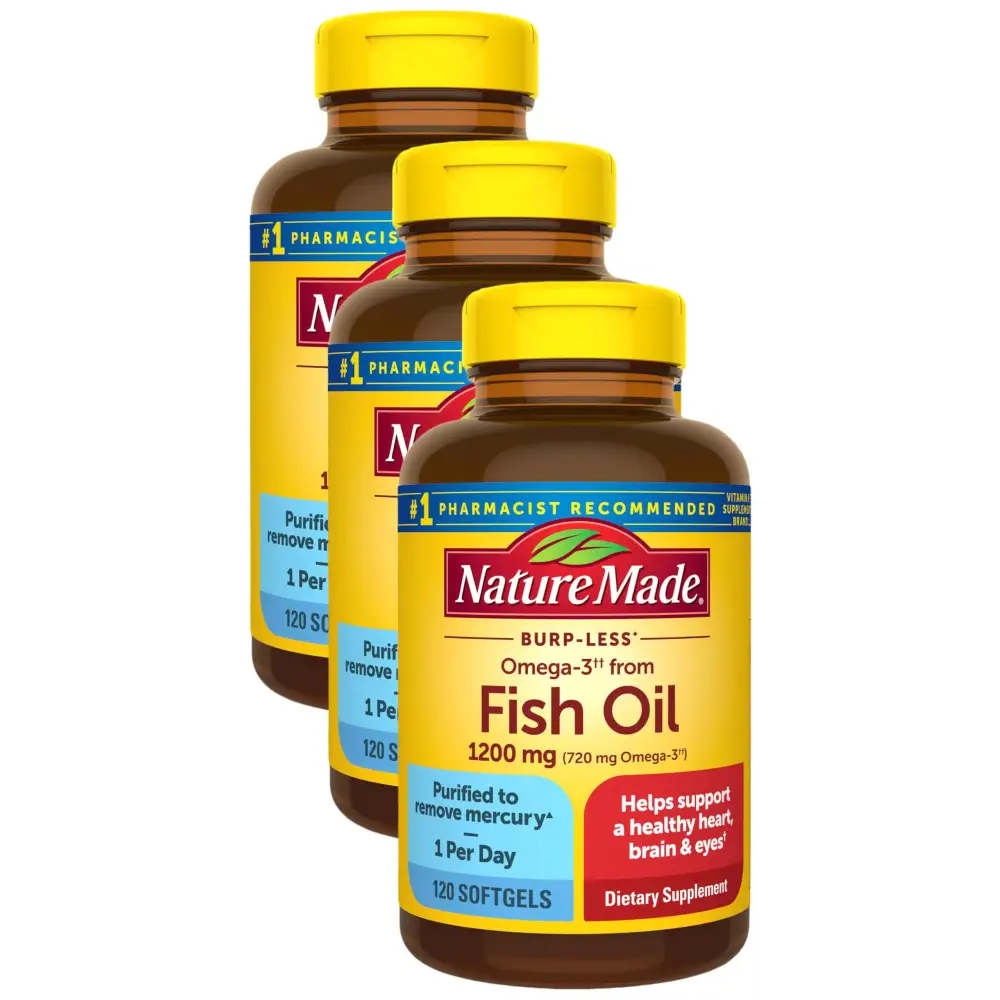 Nature Made Burp-Less Fish Oil 1200 mg One Per Day 120 Softgels Fish Oil Omega 3 Supplement for Heart Health (Pack