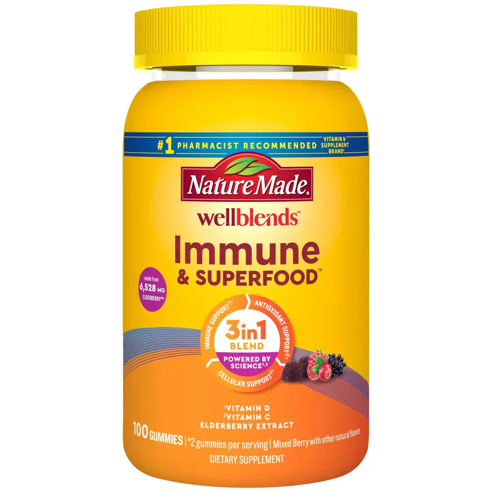 Nature Made Wellblends Immune & Superfood Elderberry Gummies with Acerola Cherry Extract Plus Vitamin C + Vitamin D