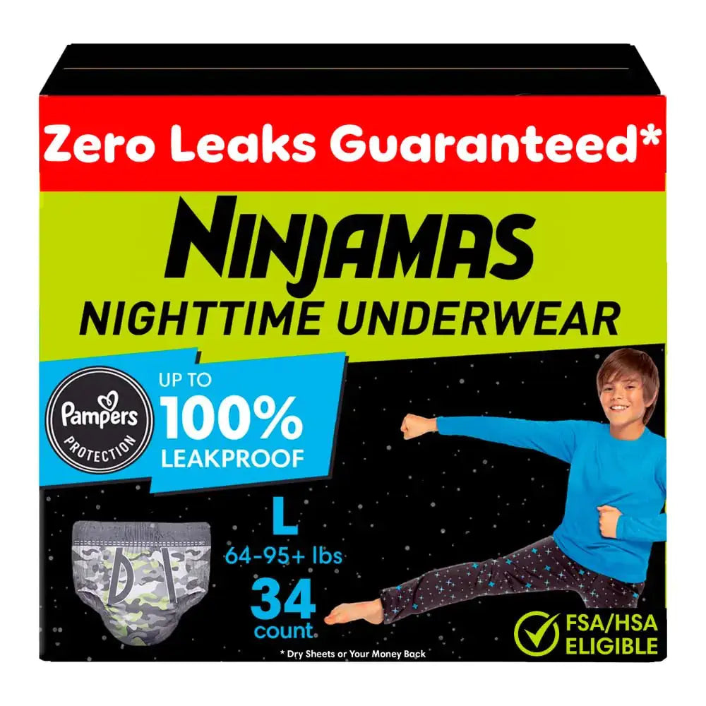 Pampers Ninjamas Nighttime Bedwetting Underwear Boys - Size L (64-125 lbs) 34 Count - 34 / Large