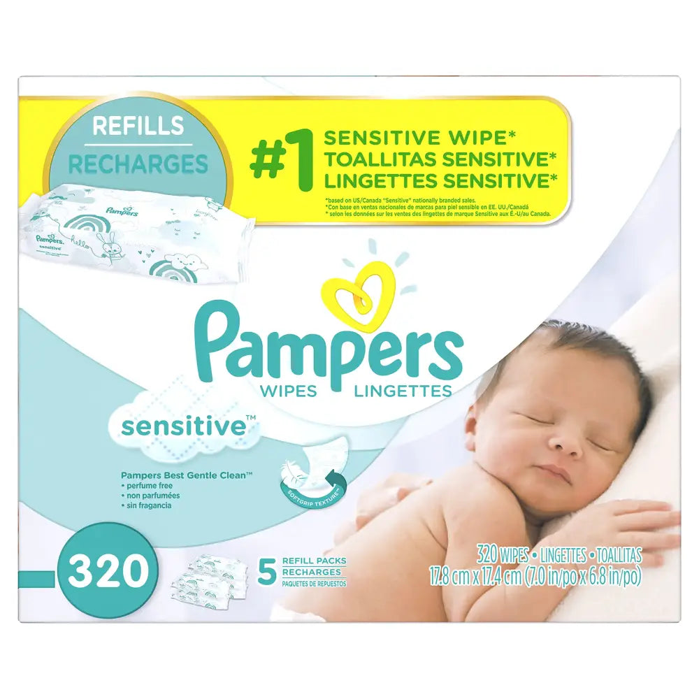 Pampers Sensitive Water Based Baby Wipes 5X Refill Packs 64 Count (Pack of 5) - 64 Count (Pack of 5)
