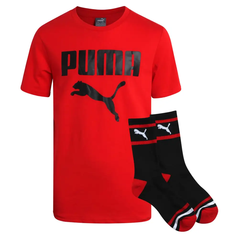 PUMA Boys T-Shirt - 2 Piece Short Sleeve Graphic Tee and Athletic Crew Socks - Matching Shirt and Socks for Boys (S-XL)