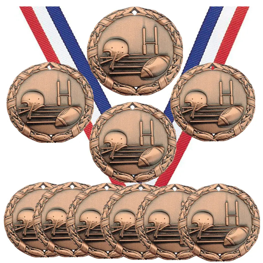 Bronze Football Medals Trophy Champion Participant Award Prize with Neck Ribbons (Pack of 10) - Design 25