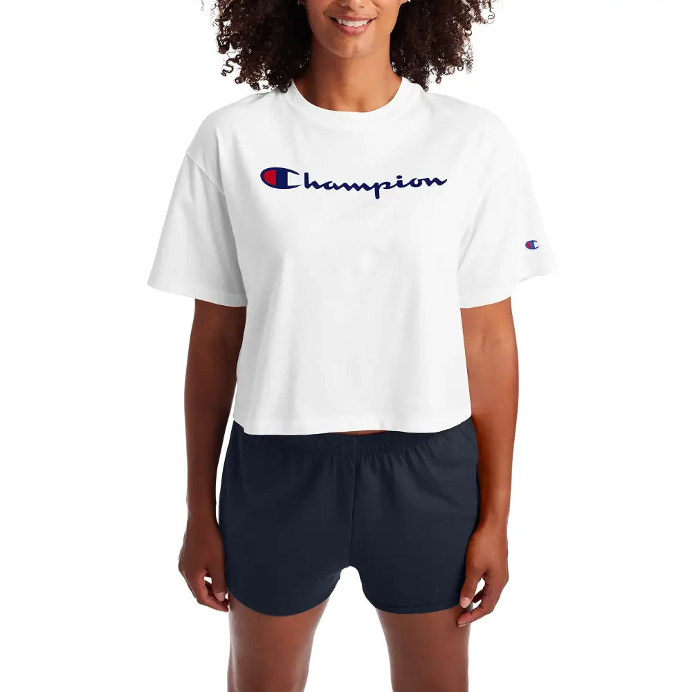 Champion womens Cropped Tee Script Logo T Shirt White-550757 Large US - White Champion Script / Large