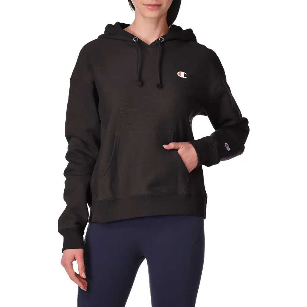 Champion Womens Standard Fit Pullover Reverse Weave Hoodie Black Left Chest C X-Small