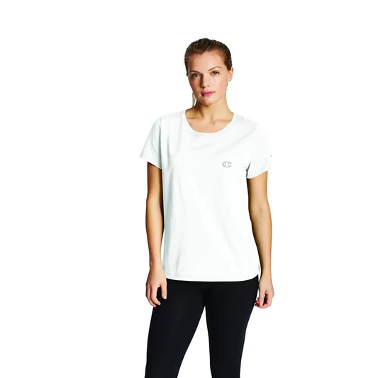 Champion Womens T-Shirt Classic Cotton-Blend T-Shirt Crewneck Tee Jersey T-Shirt - White C Logo / X-Small