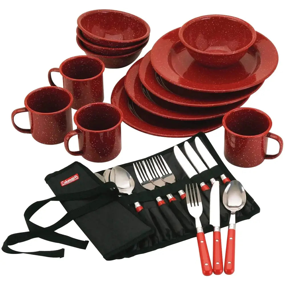 Coleman 24-Piece Enamel Dinnerware Set Durable Dishes & Utensils for Camping & Outdoor Use Dishwasher Safe