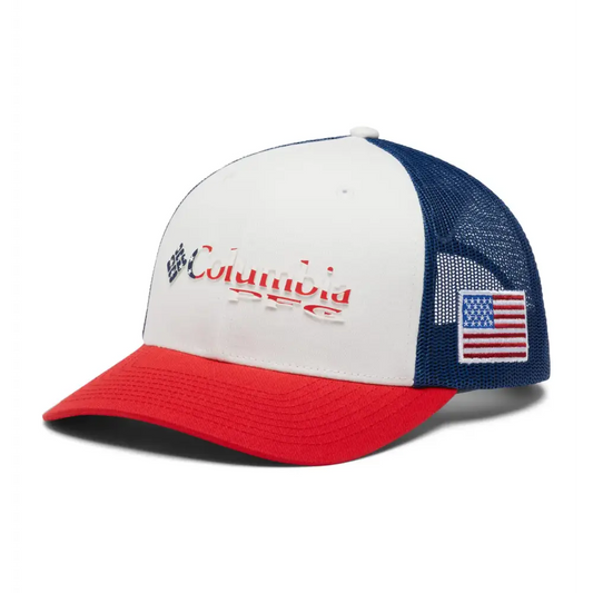 Columbia PFG Logo Snap Back Ball Cap Breathable Adjustable Red Spark/Us Flag One Size - Red Spark, Us Flag / One Size