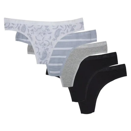 Columbia Sports Womens 4-Way Stretch Cotton Thong 5-Pack Black/Heather Grey/Striped/Paisley Large - Black/Heather