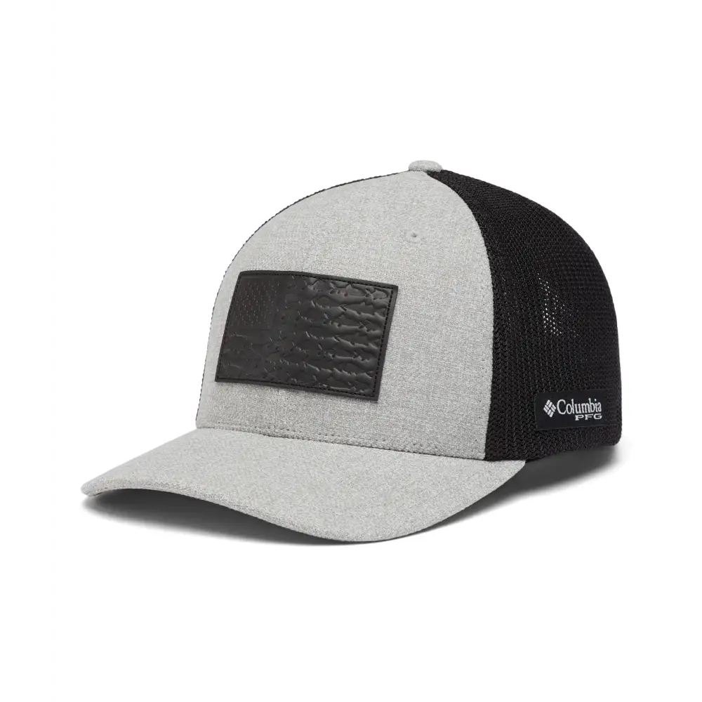 Columbia Unisex PFG Leather Fish Flag Mesh Ball Cap Cool Grey Heather/Black Small/Medium - Cool Grey Heather/Black