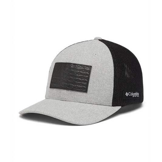 Columbia Unisex PFG Leather Fish Flag Mesh Ball Cap Cool Grey Heather/Black Small/Medium - Cool Grey Heather/Black