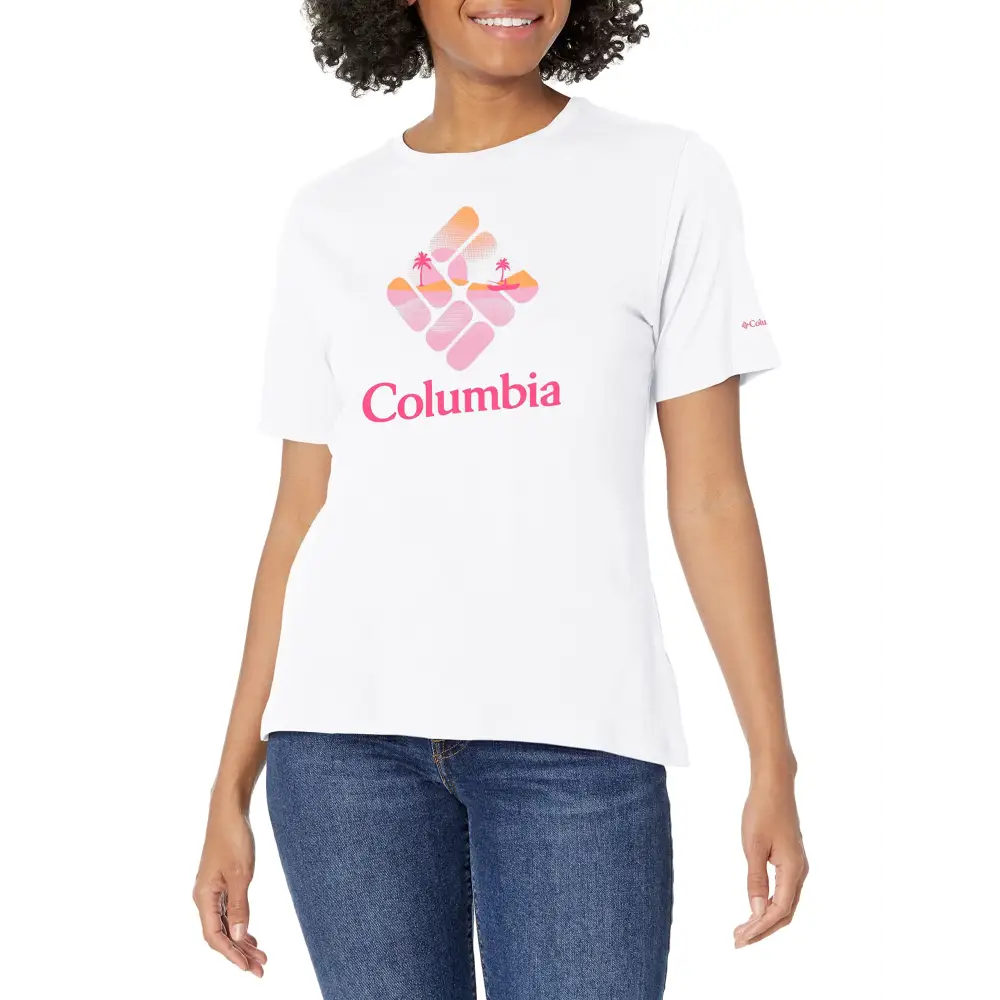Columbia Womens Bluebird Day Relaxed Crew Neck White/CSC Stacked Halftone Fishing GRX Small - White/Csc Stacked