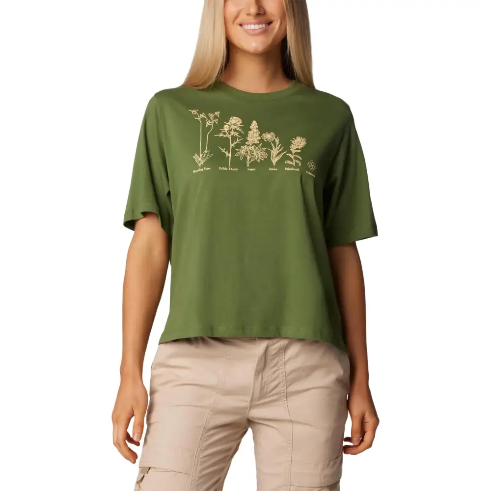 Columbia Womens North Cascades Relaxed Tee Canteen/Floral Friends X-Large - Canteen/Floral Friends / X-Large