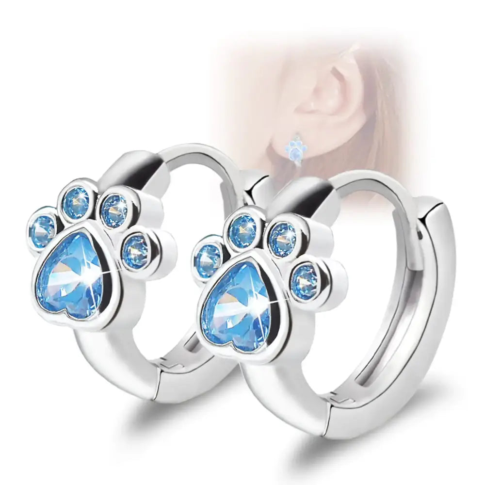 Cubic Zirconia Small Hoop Earrings - CZ Cat Dog Paw Print Hoop Huggies Earrings Sterling Silver Hypoallergenic Cute