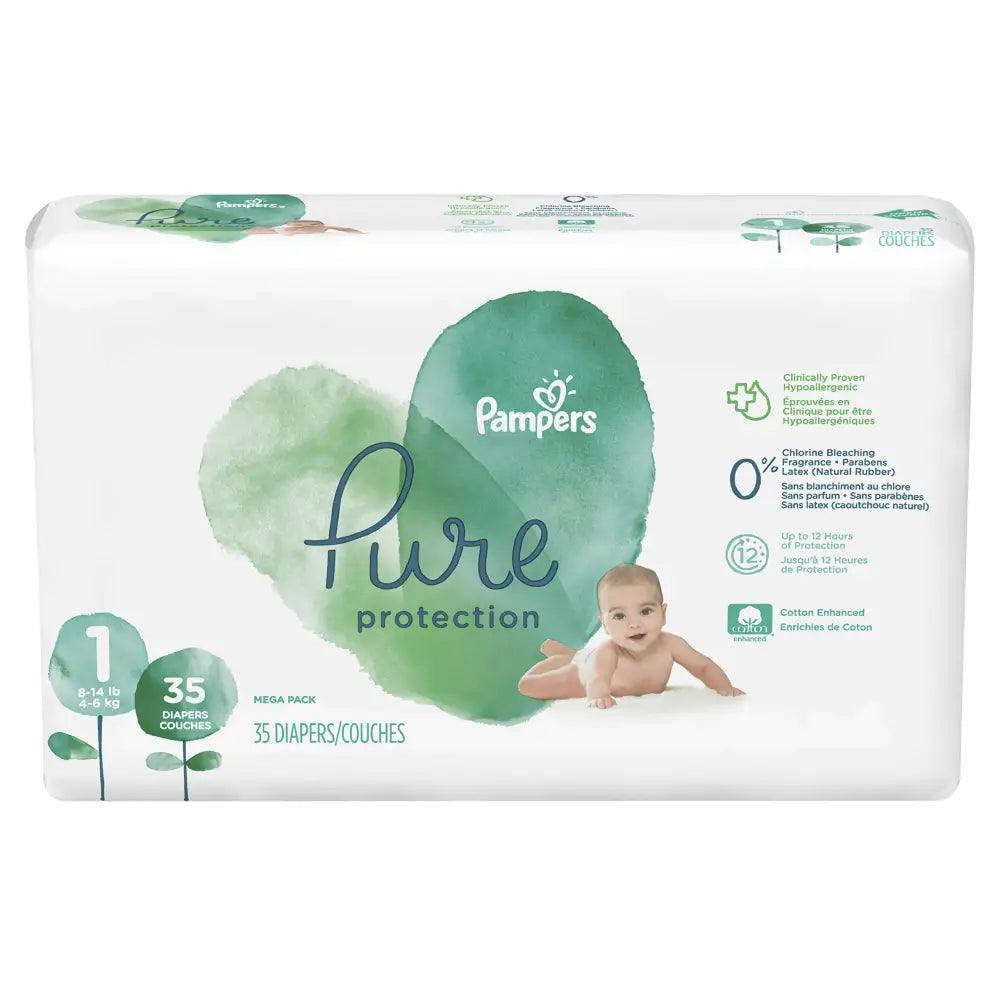 Diapers Newborn/Size 1 (8-14 lb) 35 Count - Pampers Pure Protection Disposable Baby Diapers Hypoallergenic