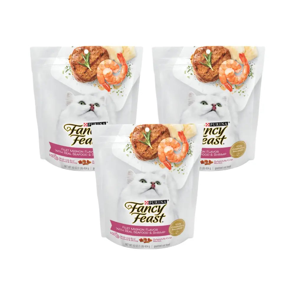Fancy Feast Purina Filet Mignon Flavor with Real Seafood & Shrimp Dry Cat Food 16 OZ (Pack of 3) - n/a