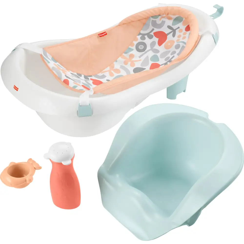 Fisher-Price Baby to Toddler Bath 4-in-1 Sling ‘n Seat Tub with Removable Infant Support and 2 Toys Summer Blossoms