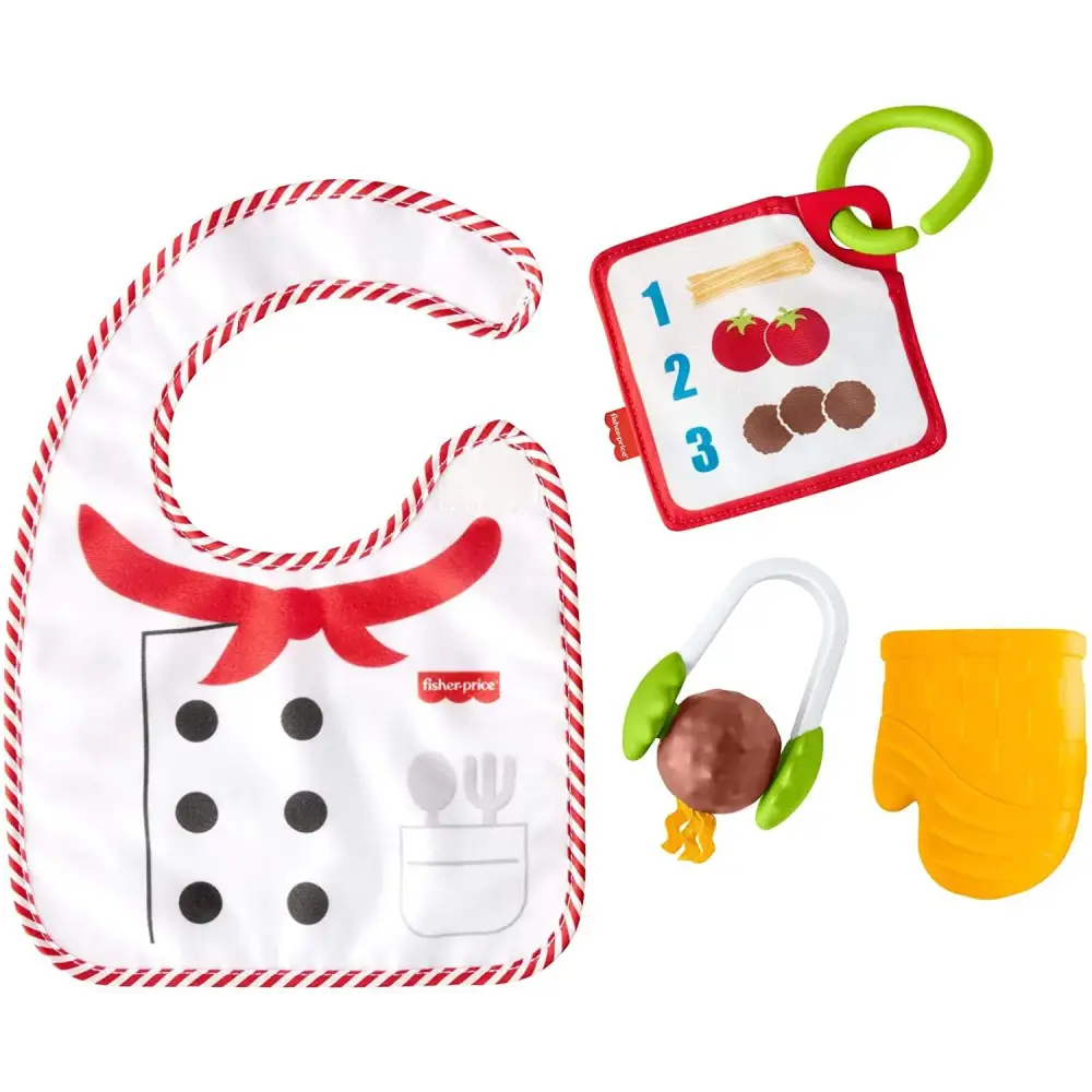 Fisher-Price Cutest Chef Gift Set 4 Cooking-Themed Baby Toys with Wearable bib and teether for Babies Ages 3 Months