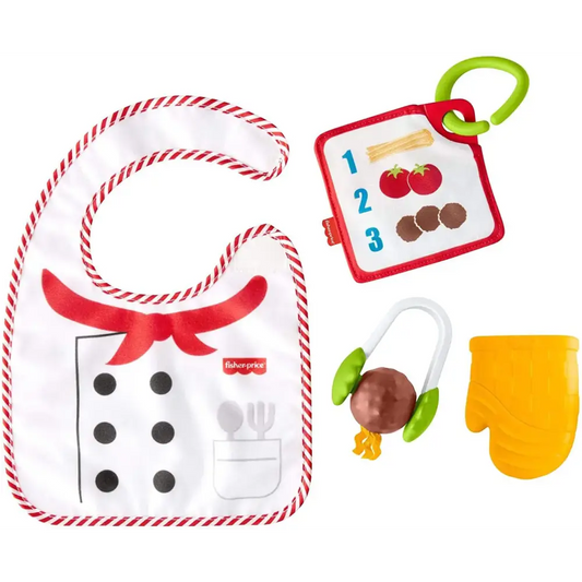 Fisher-Price Cutest Chef Gift Set 4 Cooking-Themed Baby Toys with Wearable bib and teether for Babies Ages 3 Months