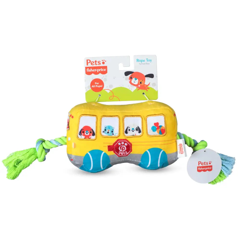 Fisher-Price for Pets School Bus Rope Toy for Dogs Dog Tug Toy with Rope Plush Dog Toy with Squeaker Inside