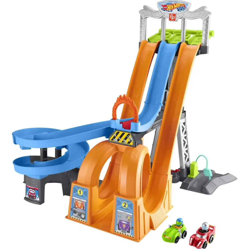 Fisher-Price Little People Toddler Playset Hot Wheels Racing Loops Tower Race Track with Stunt Ramp & Sounds for Ages