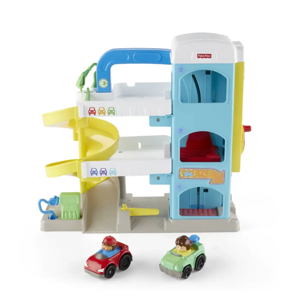 Fisher-Price Little People Toddler Toy Helpful Neighbor’s Garage Playset with Spiral Ramp & 2 Cars for Pretend Play