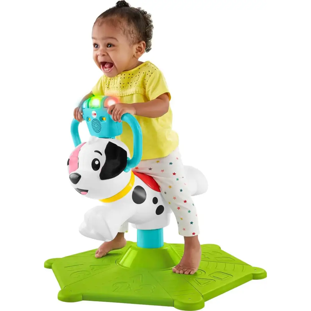 Fisher-Price Toddler Learning Toy Bounce and Spin Puppy Stationary Ride-On Bouncer with Music & Lights for Infants Ages