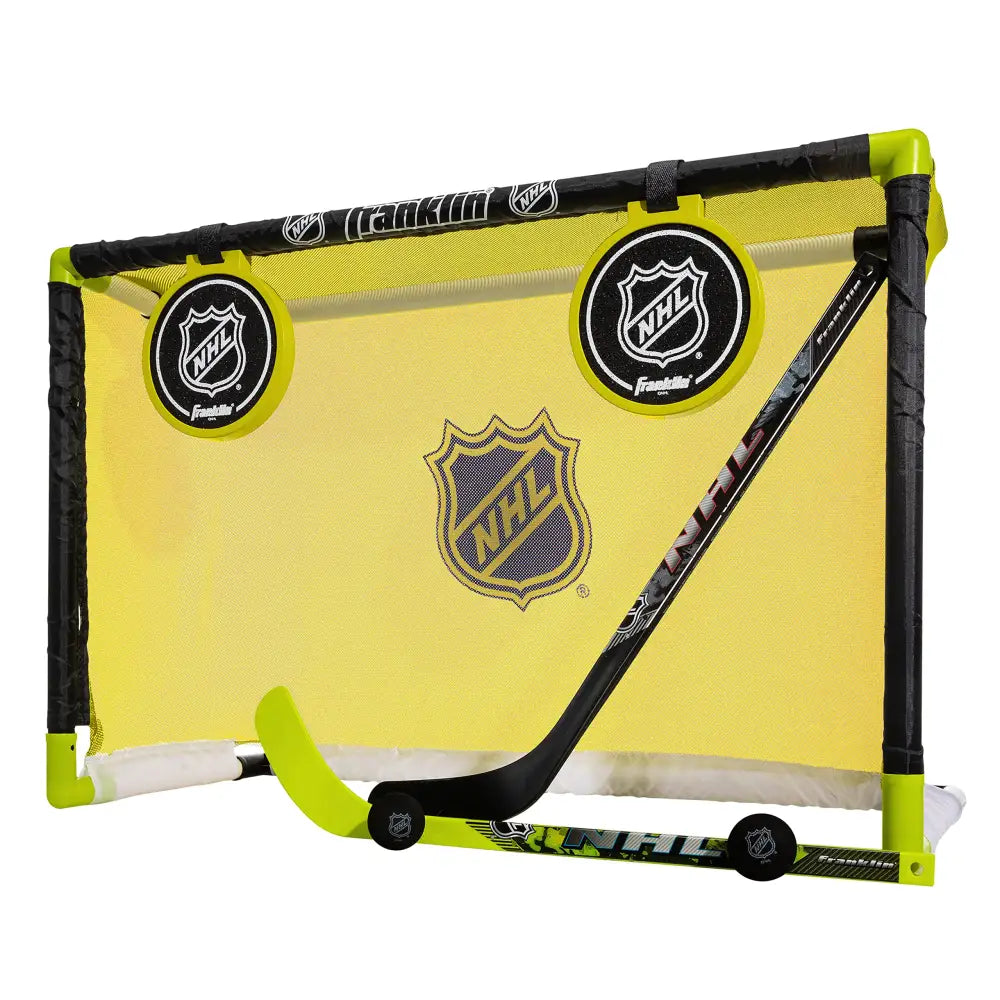 Franklin Sports Mini Hockey Goal Set - Indoor Knee Hockey Goal + (2) Shinny Hockey Sticks - (2) Mini Foam Hockey Balls