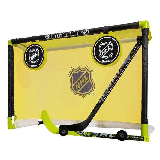 Franklin Sports Mini Hockey Goal Set - Indoor Knee Hockey Goal + (2) Shinny Hockey Sticks - (2) Mini Foam Hockey Balls