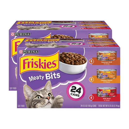 Friskies Purina Meaty Bits Wet Cat Food Variety Pack 8 Gourmet Grill in Gravy 8 Chicken Dinner in Gravy 8 with Beef