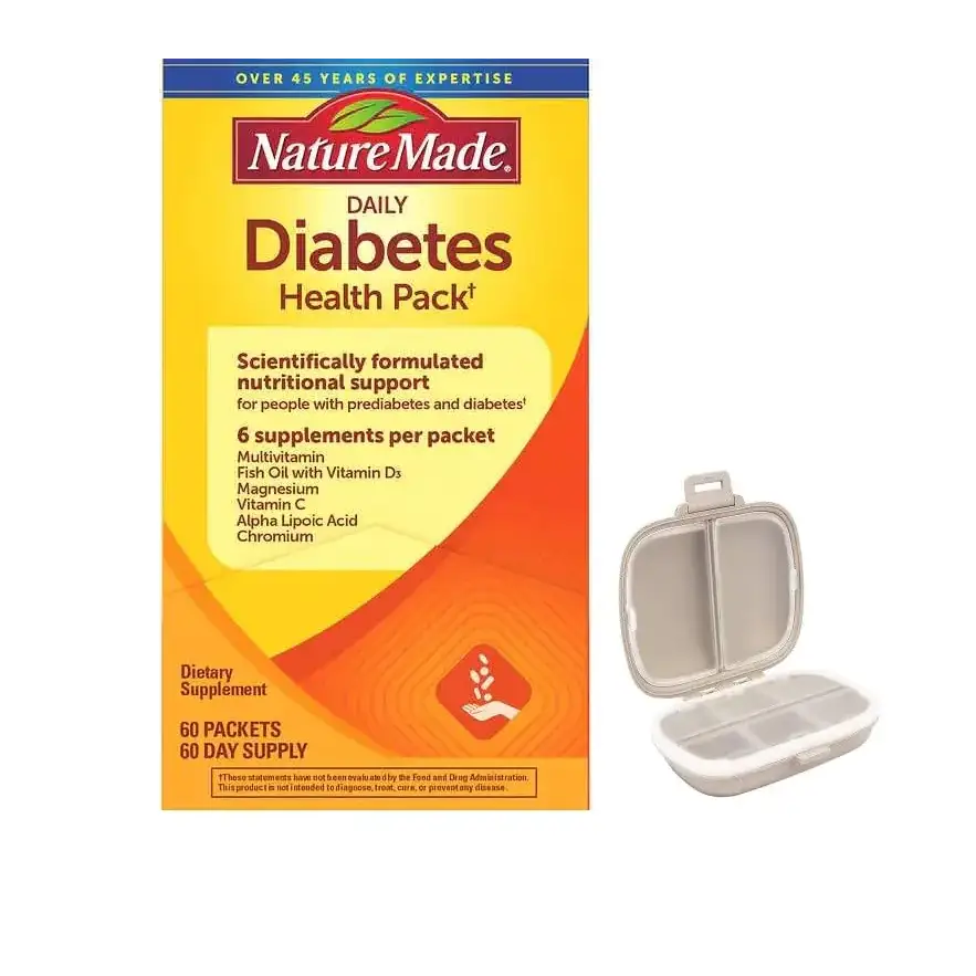 Generic Nature Made Diabetes Health Pack 60 Packets Bundle with Portable Travel Pill Organizer Case - Vitamins Minerals