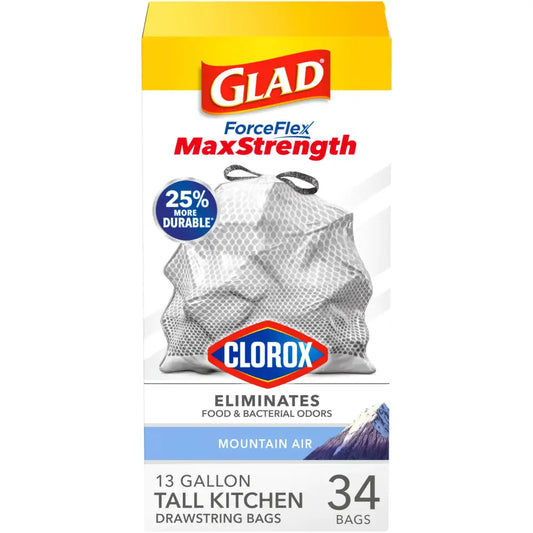 Glad ForceFlex MaxStrength with Clorox Tall Kitchen Trash Bags 13 Gal 34 Ct (Package May Vary) - Mountain Air / 34
