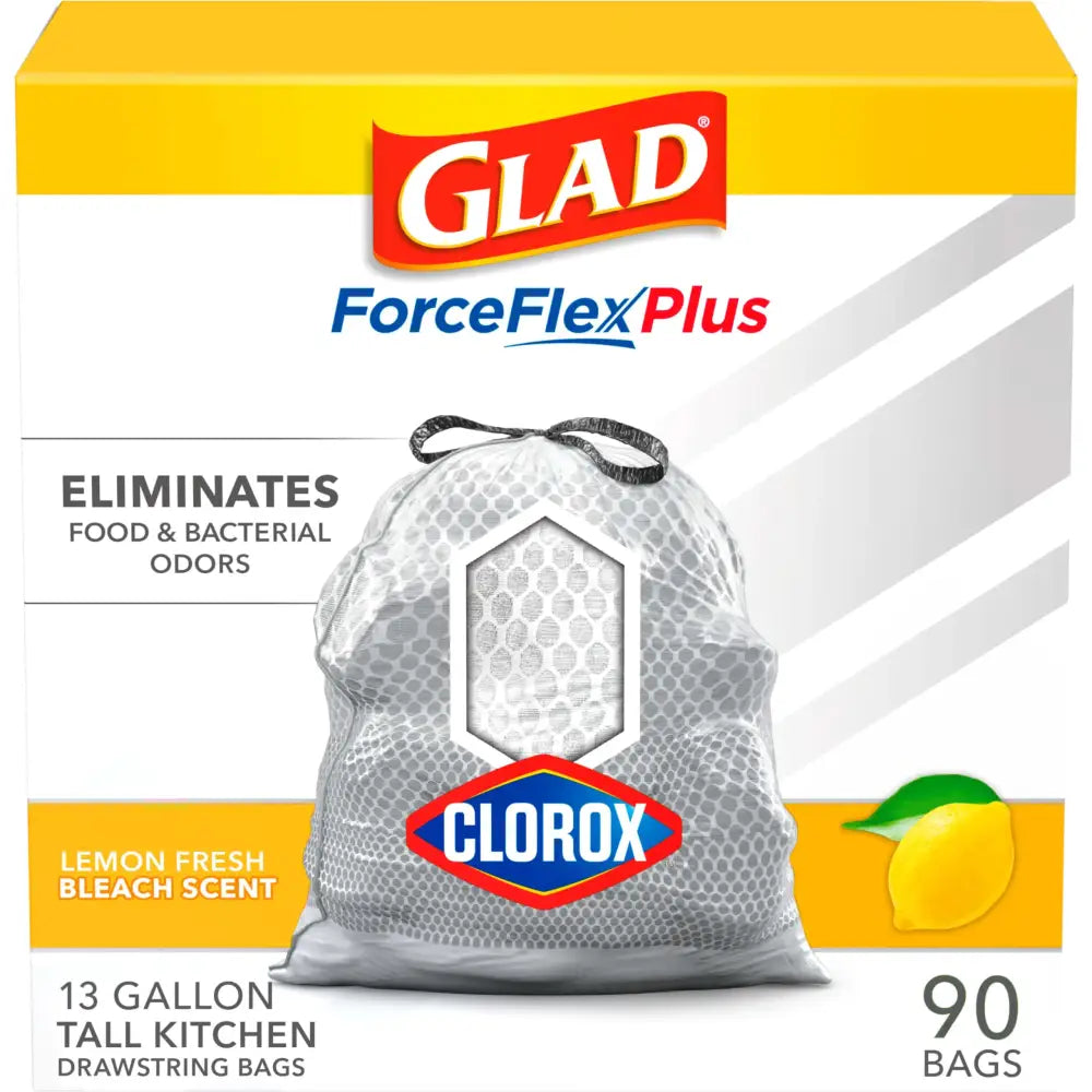 Glad Tall Kitchen Trash Bags ForceFlex Plus With Clorox 13 Gallon Lemon Fresh Bleach Scent 90 Count - n/a
