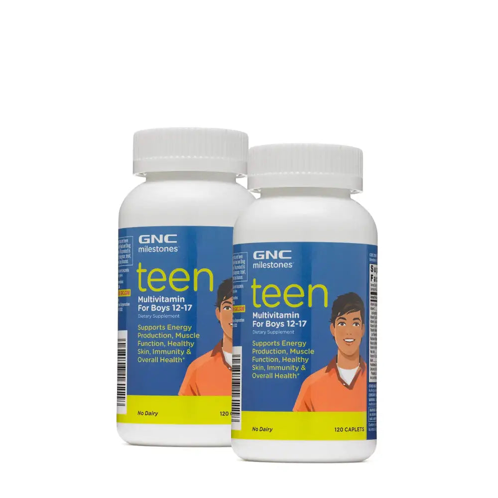 GNC Milestones Teen Multivitamin for Boys 12-17 Twin Pack 120 Caplets per Bottle Supports Energy Production and Muscle