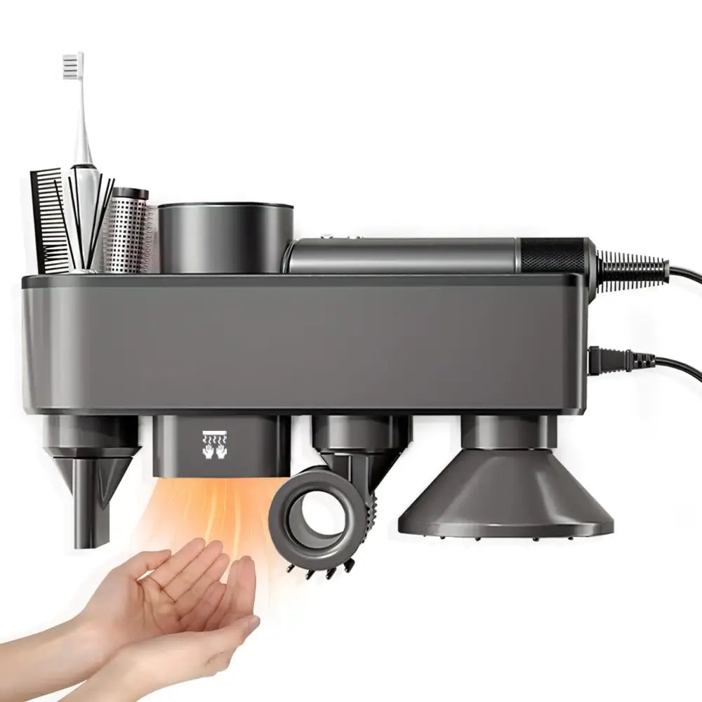 Hair Dryer HolderNo Drilling Required Hair Dryer Holder – Organizer Stand For 5 Attachments with Automatic Hand Drying