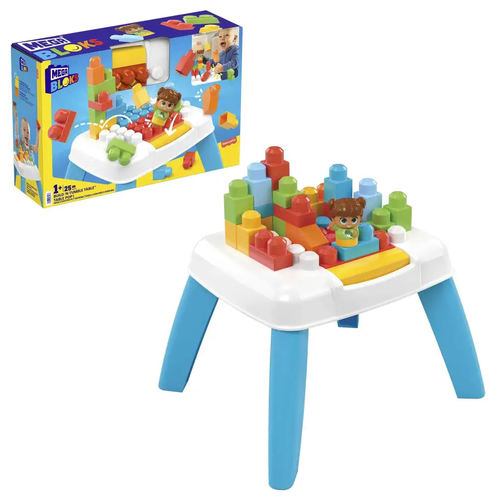 Mega BLOKS Fisher-Price Toddler Blocks Toy Set Build ‘n Tumble Activity Table with 25 Pieces and Storage 1 Figure Blue