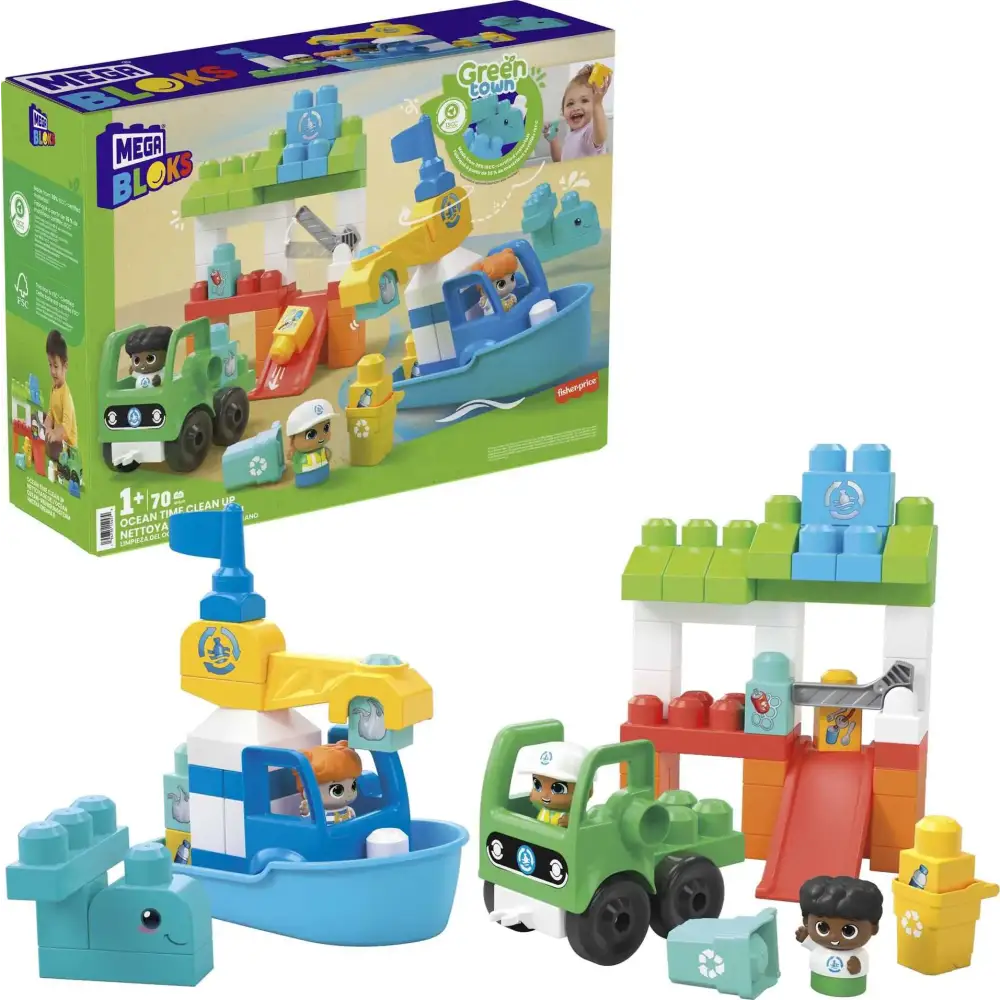 MEGA BLOKS Fisher-Price Toddler Building Blocks Toy Set Green Town Ocean Time Clean Up with 70 Pieces 3 Figures Ages 1+