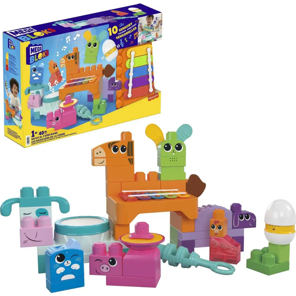 MEGA BLOKS Fisher-Price Toddler Building Blocks Toy Set Musical Farm Band with 40 Pieces and 6 Music Sheets Ages 1+