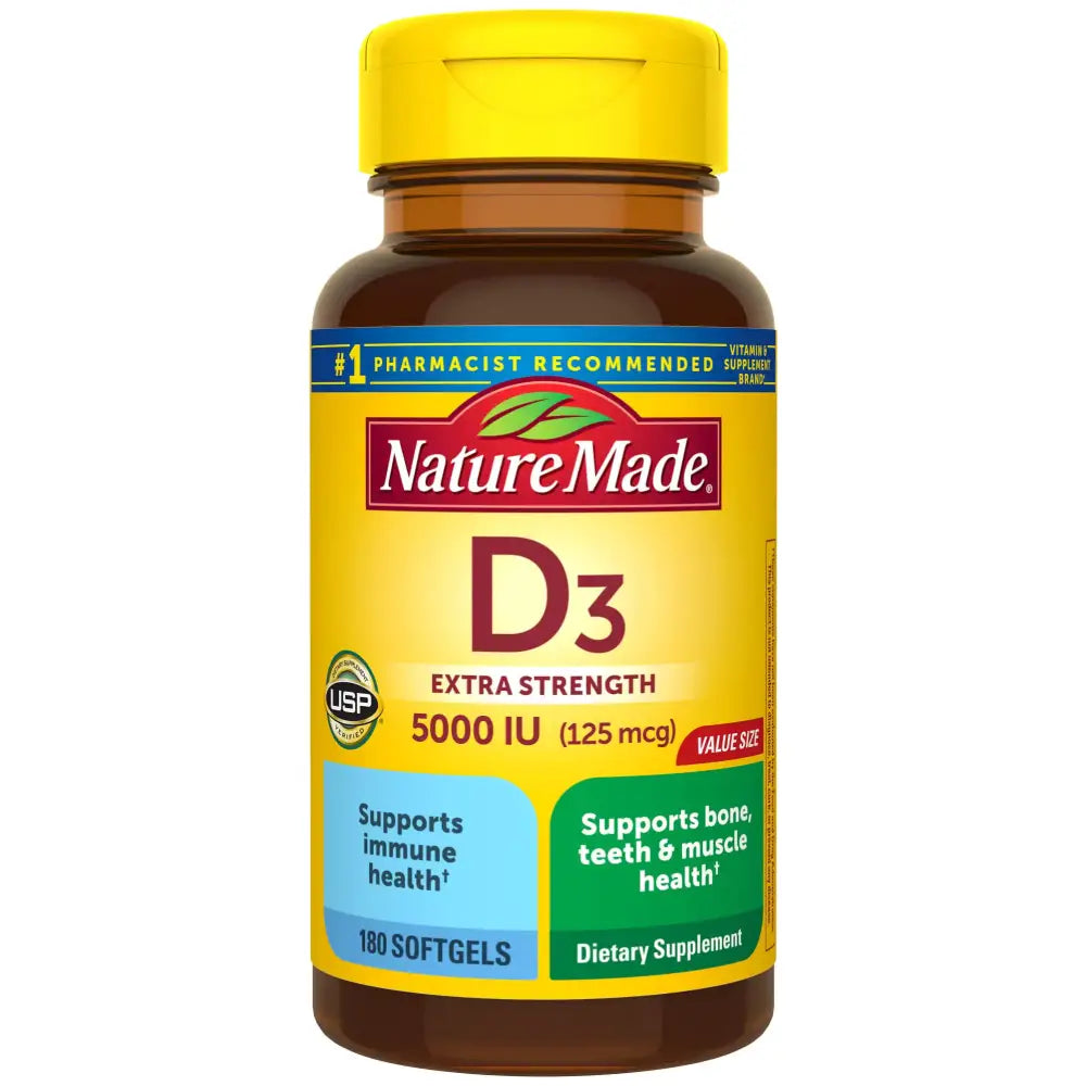 Nature Made Extra Strength Vitamin D3 5000 IU (125 mcg) Dietary Supplement for Bone Teeth Muscle and Immune Health