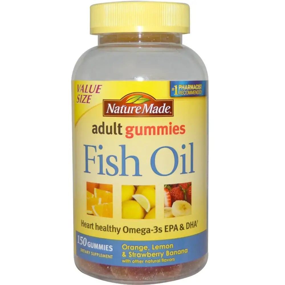 Nature Made Fish Oil Gummies 150 Softgels Value Size with Heart-Healthy Omega 3s 57 mg in Delicious Strawberry Lemon &