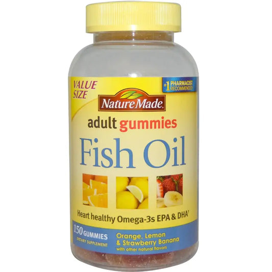 Nature Made Fish Oil Gummies 150 Softgels Value Size with Heart-Healthy Omega 3s 57 mg in Delicious Strawberry Lemon &