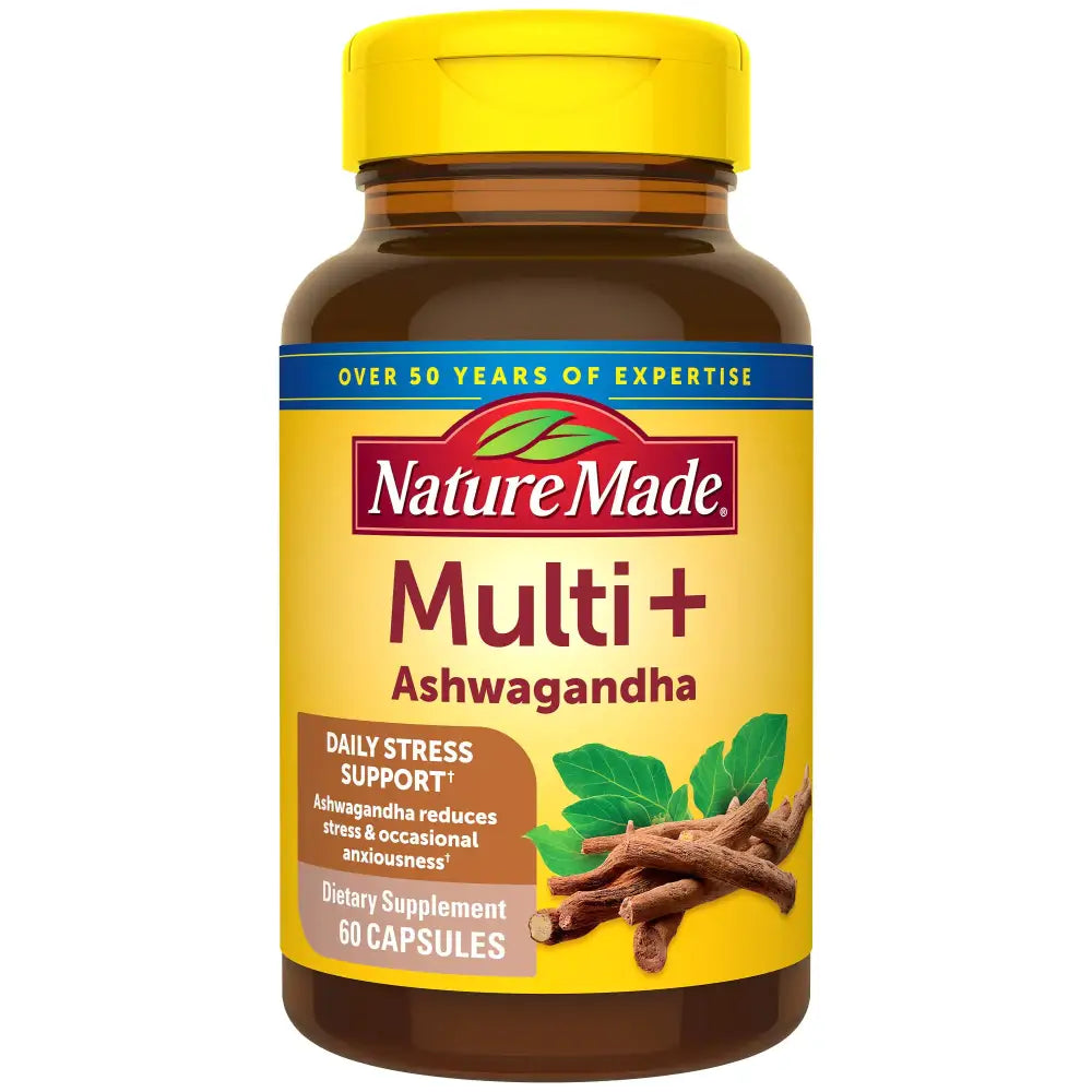 Nature Made Multi + Ashwagandha Multivitamin for Daily Stress Relief Support One Per Day Multivitamin 60 Capsules