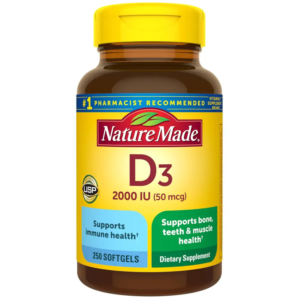 Nature Made Vitamin D3 2000 IU (50 mcg) Dietary Supplement for Bone Teeth Muscle and Immune Health Support 250 Softgels