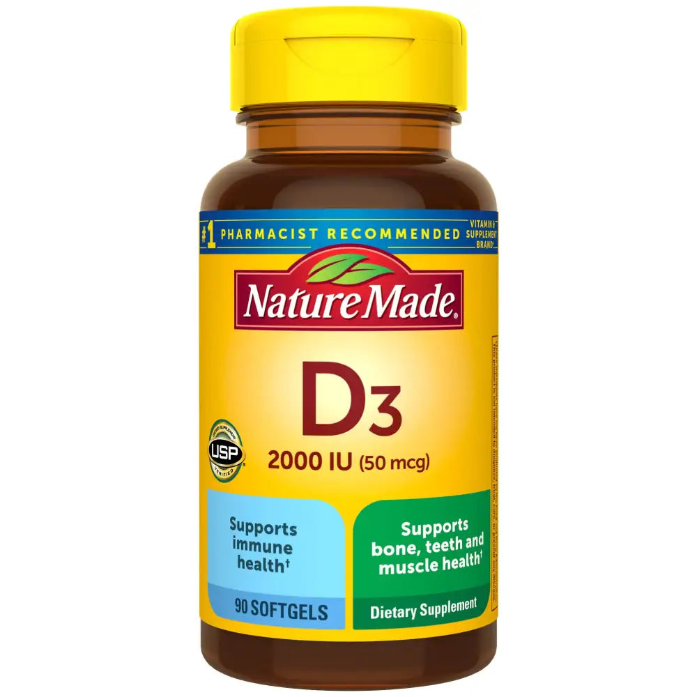 Nature Made Vitamin D3 2000 IU (50 mcg) Dietary Supplement for Bone Teeth Muscle and Immune Health Support 90 Softgels