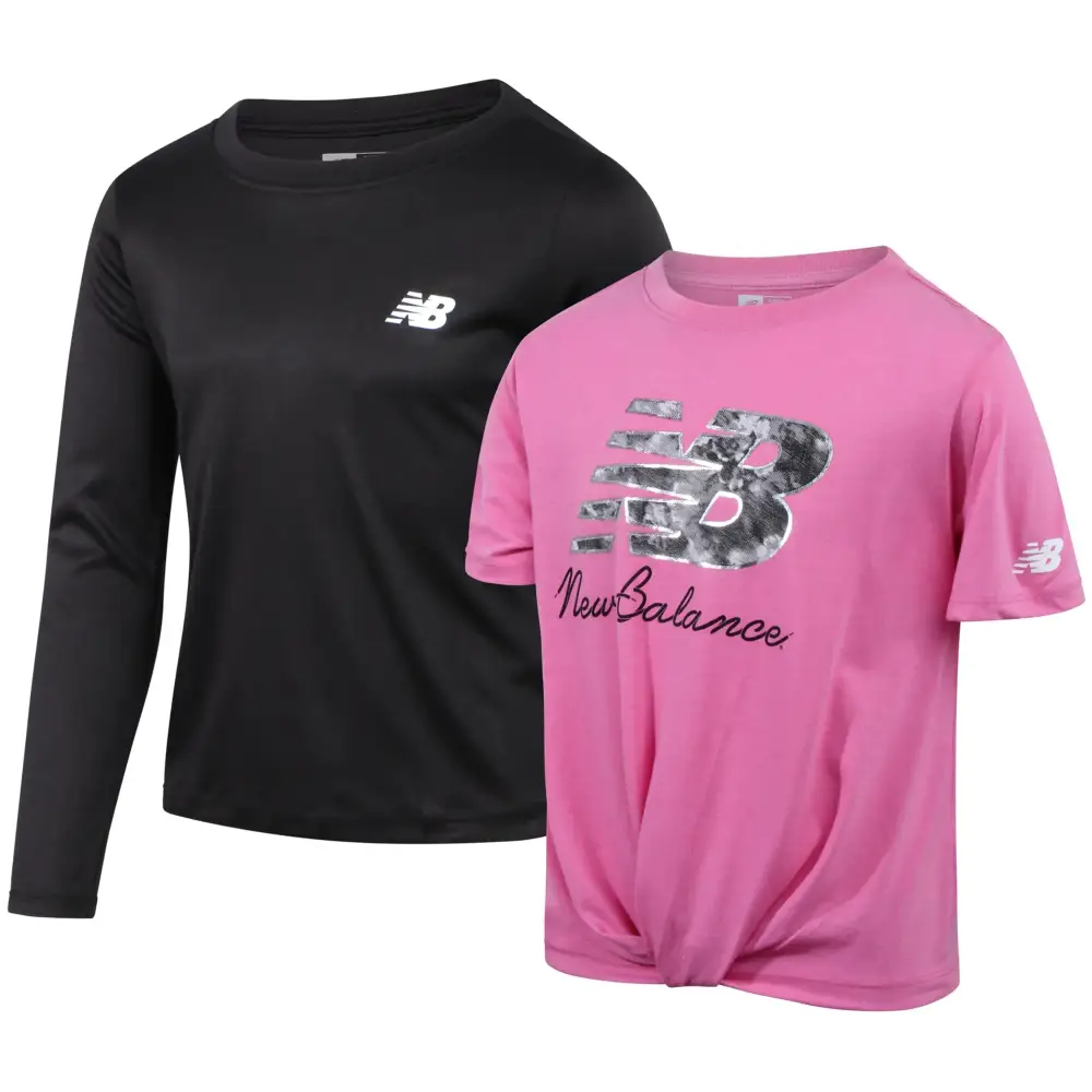 New Balance Girls Athletic Shirts - 2 Pack Performance Short Sleeve and Long Sleeve Active T-Shirts for Girls (Sizes: