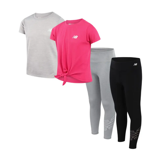 New Balance Girls Legging Set - 4 Piece Short Sleeve T-Shirt and Leggings Set (7-16) Size 7-8 Pink/Dark Black/Light