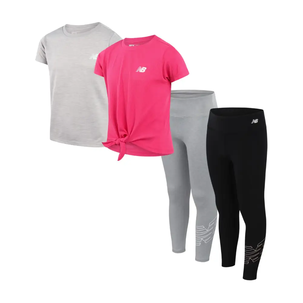 New Balance Girls Legging Set - 4 Piece Short Sleeve T-Shirt and Leggings Set (7-16) Size 7-8 Pink/Dark Black/Light