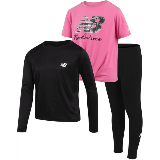 New Balance Girls Tees and Leggings Set - 3 Piece Short and Long Sleeve T-Shirts and Performance Leggings for Girls
