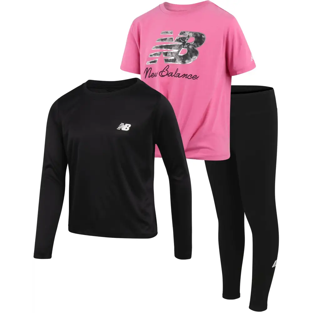 New Balance Girls Tees and Leggings Set - 3 Piece Short and Long Sleeve T-Shirts and Performance Leggings for Girls