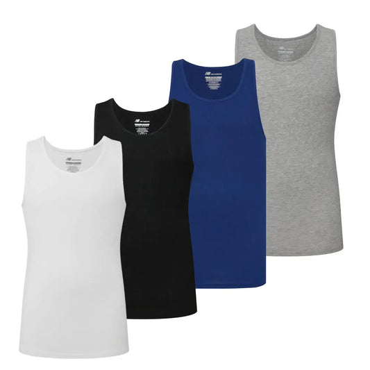 New Balance Mens Cotton Performance Rib Sleeveless Tank Top Undershirt (3 Pack or 4 Pack) Black/White/Lt Heather/Team